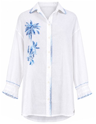 Shirt with Blue Palm Tree Embroidery and Ruffled Cuffs