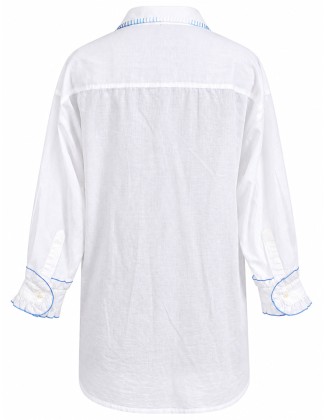 Shirt with Blue Palm Tree Embroidery and Ruffled Cuffs