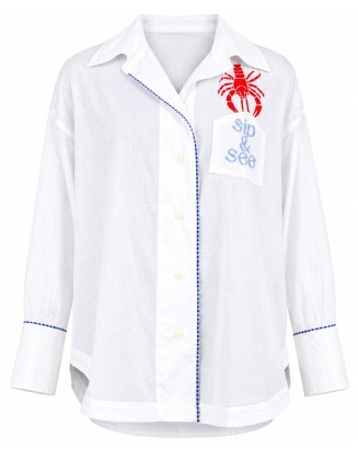 White Shirt with Red Lobster Embroidery