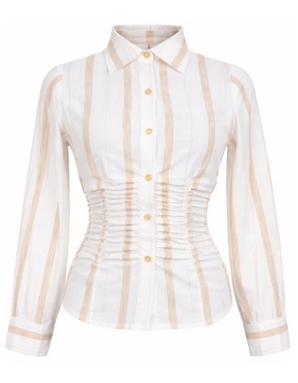 Beige Stripe Ruched Cotton Shirt