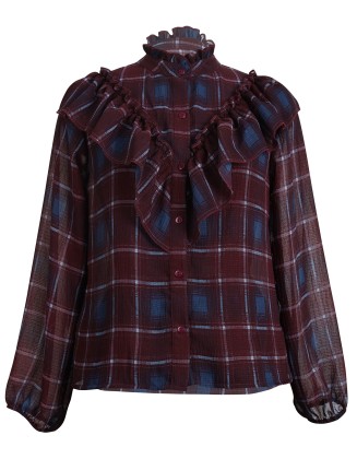 Burgundy Check Ruffle Shirt