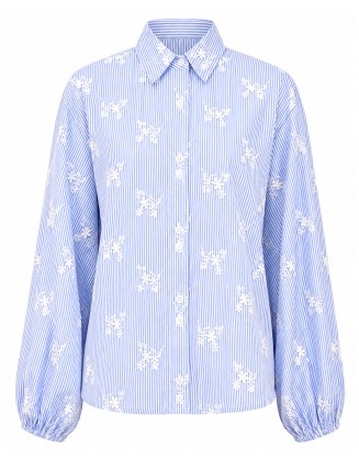 Blue Stripe Floral Embroidered Shirt