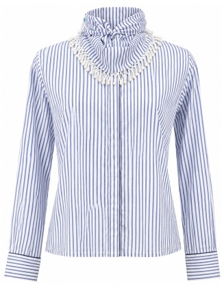 Blue Stripe Pearl Fringe Neck Blouse