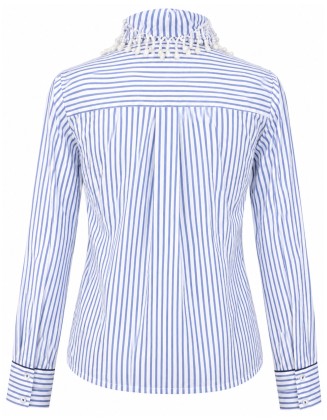 Blue Stripe Pearl Fringe Neck Blouse