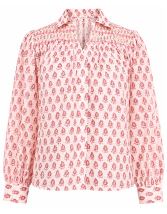 Pink Floral Smocked Button-Front Blouse