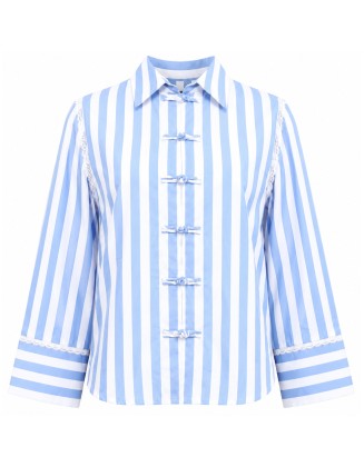 Blue Stripe Lace Trim Toggle Front Shirt