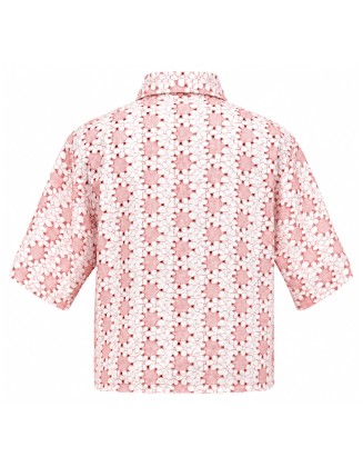 Women's Pink Floral Lace Button-Up Shirt