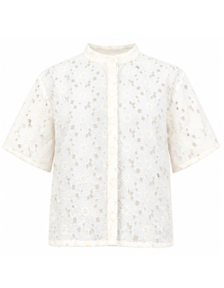 Ivory Floral Lace High-Neck Short Sleeve Shirt