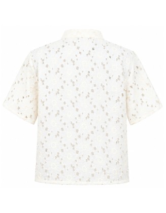 Ivory Floral Lace High-Neck Short Sleeve Shirt