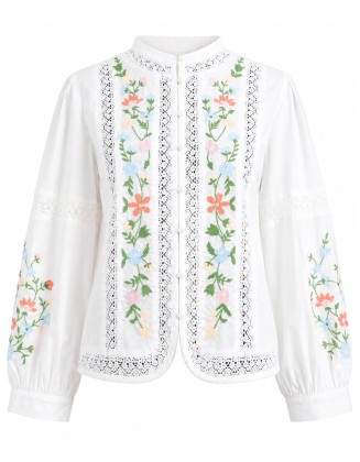 White Floral Embroidered Lace-Trim Blouse