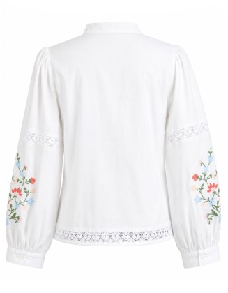 White Floral Embroidered Lace-Trim Blouse
