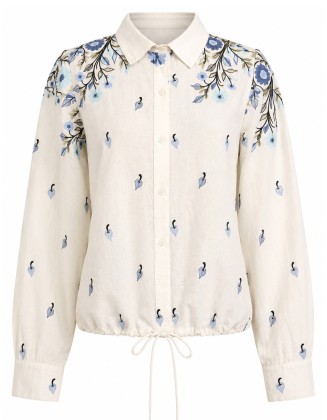 Floral Embroidered  Drawstring Long Sleeve Shirt