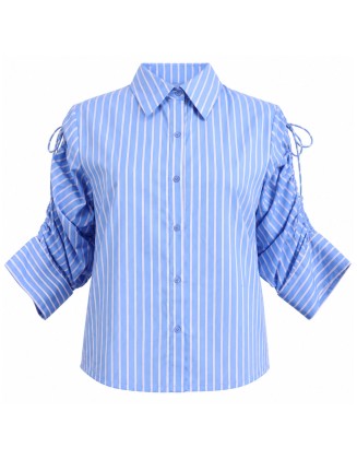 Blue Striped Drawstring Sleeve Collared Shirt