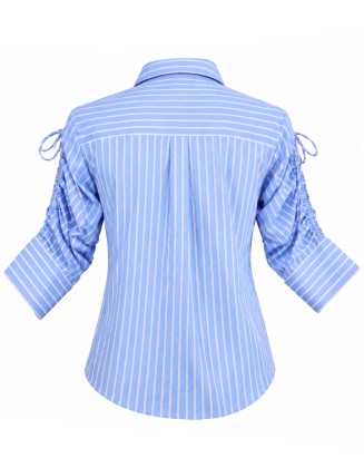Blue Striped Drawstring Sleeve Collared Shirt