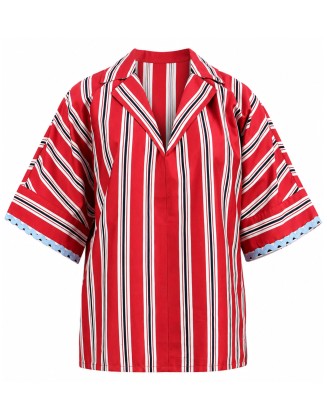 Red Striped Short-Sleeve Notched Collar Shirt