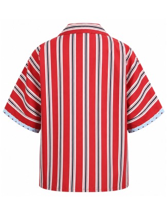 Red Striped Short-Sleeve Notched Collar Shirt