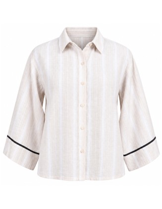 Ivory Striped Cotton Shirt with Black Cuff Piping