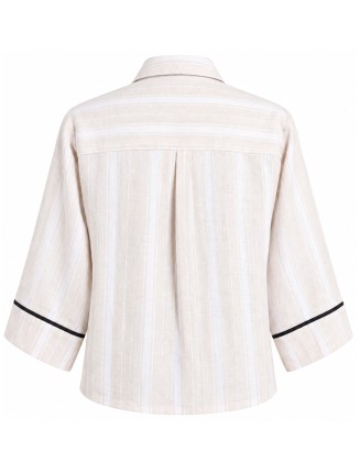 Ivory Striped Cotton Shirt with Black Cuff Piping