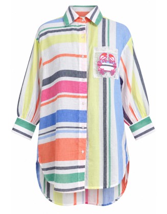 Multicolor Striped Cotton Long Shirt with Embroidered Crab Pocket
