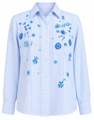 Striped Shirt with Blue Floral Embellishments