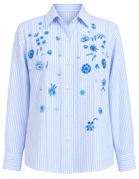 Striped Shirt with Blue Floral Embellishments