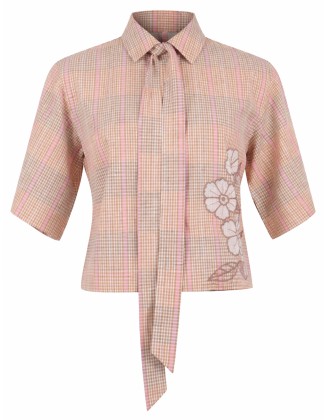 Embroidered Check Tie-Neck Crop Top