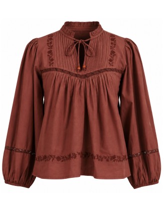 Rust Brown Embroidered Blouse with Pintuck Details
