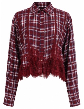 Burgundy Plaid Lace-Trim Shirt
