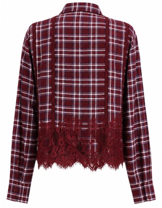 Burgundy Plaid Lace-Trim Shirt