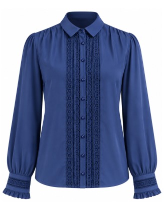 Navy Lace Panel Satin  Button-Up Blouse