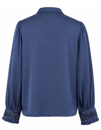 Navy Lace Panel Satin  Button-Up Blouse
