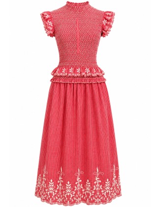 Gingham Smocked Top & Embroidered Midi Skirt