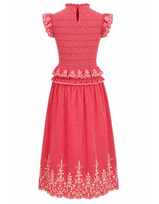 Gingham Smocked Top & Embroidered Midi Skirt