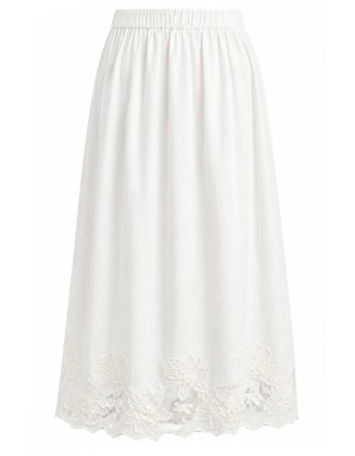 White Floral Lace Hem Midi Skirt