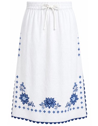 Blue Floral Embroidered  Drawstring Skirt