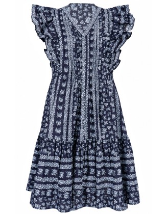 Navy Floral Print Ruffle Sleeve Midi Dress