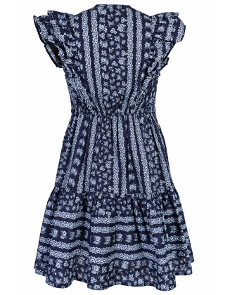 Navy Floral Print Ruffle Sleeve Midi Dress