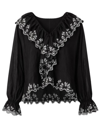 Black Embroidered Ruffle Blouse