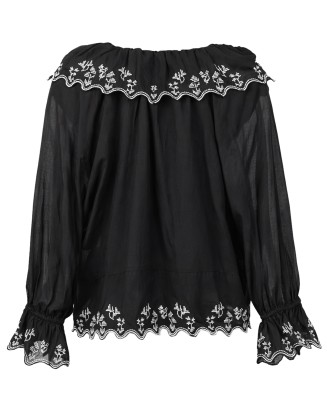 Black Embroidered Ruffle Blouse