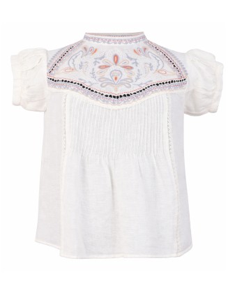 Embroidered High-Neck Puff-Sleeve Blouse