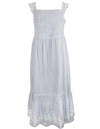 Blue Stripe Schiffli Dress with Smocking