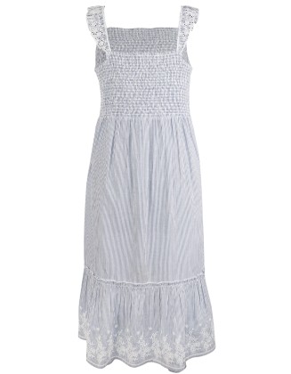 Blue Stripe Schiffli Dress with Smocking