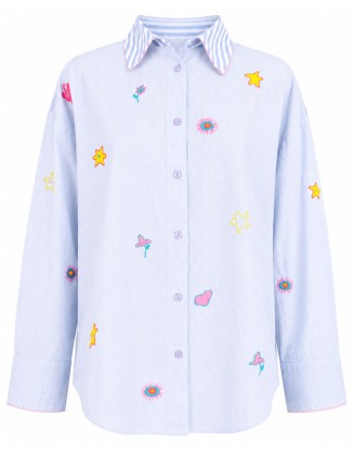 Light Blue Embroidered Stripe Oversized Shirt