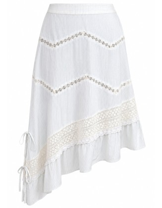 Stripe Lace Trim Asymmetric Midi Skirt