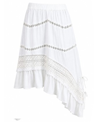 Stripe Lace Trim Asymmetric Midi Skirt