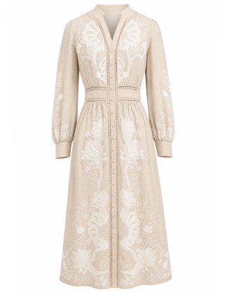 Beige Embroidered Floral Shirt Dress