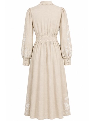 Beige Embroidered Floral Shirt Dress