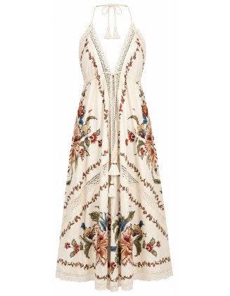 Floral Print Crochet Lace Halter Maxi Dress