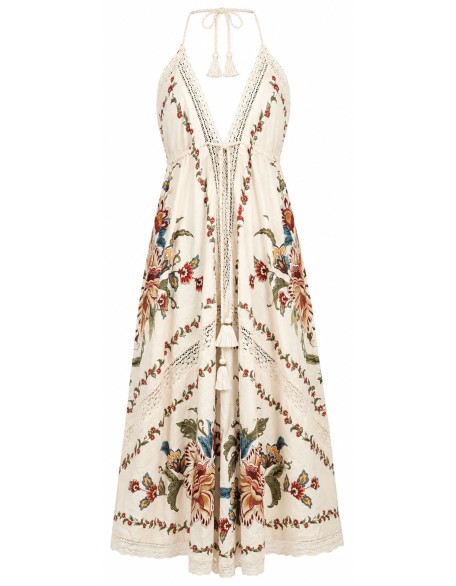 Floral Print Crochet Lace Halter Maxi Dress