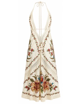 Floral Print Crochet Lace Halter Maxi Dress